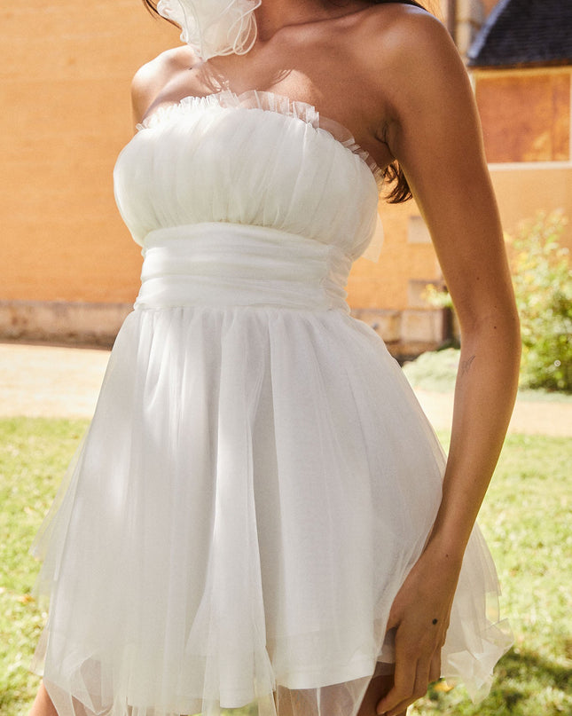 White Strapless Mesh Mini Dress