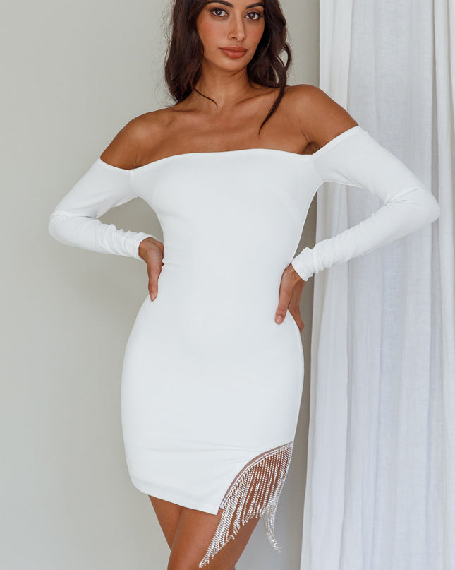 White Me Diamante Off-Shoulder Mini Dress