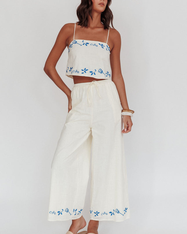 Beige Embroidered Wide-Leg Pants