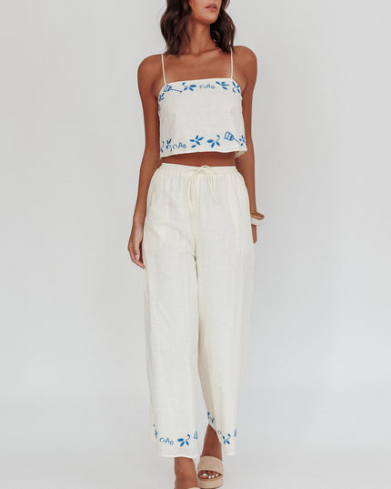 Beige Embroidered Wide-Leg Pants