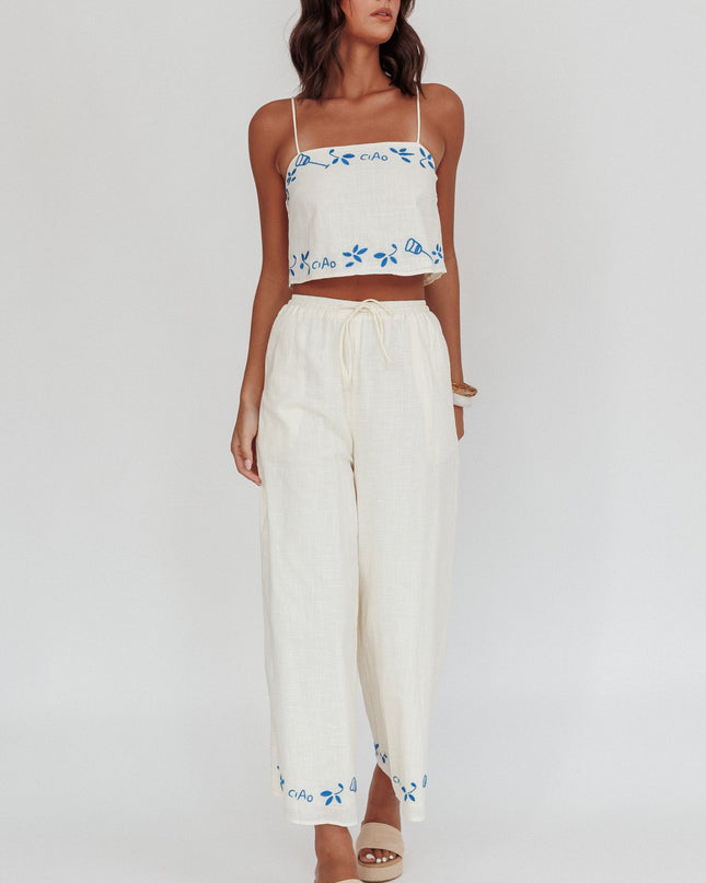 Beige Embroidered Wide-Leg Pants