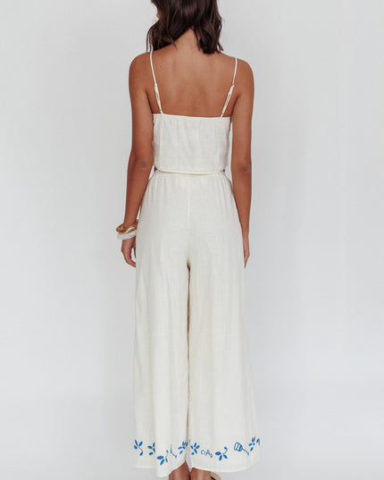 Beige Embroidered Wide-Leg Pants