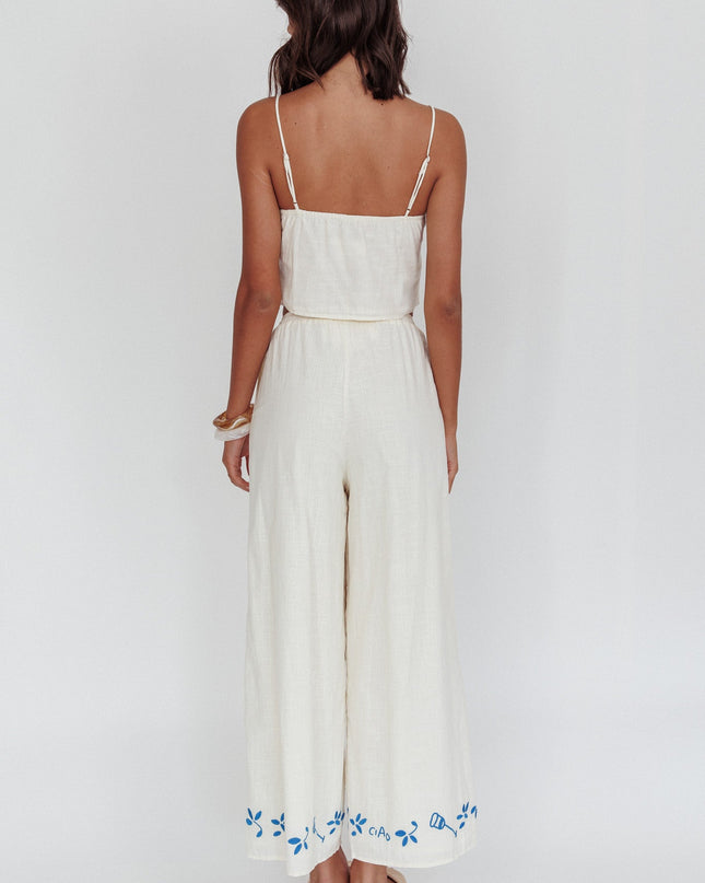 Beige Embroidered Wide-Leg Pants