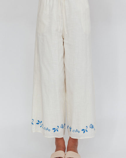 Beige Embroidered Wide-Leg Pants