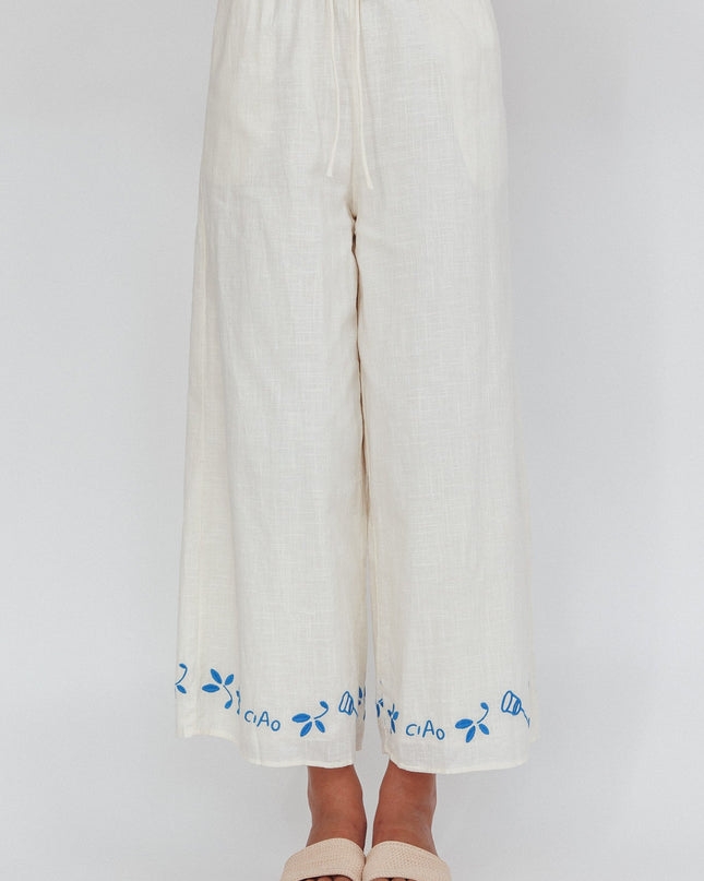 Beige Embroidered Wide-Leg Pants