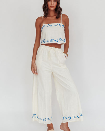 Beige Embroidered Wide-Leg Pants