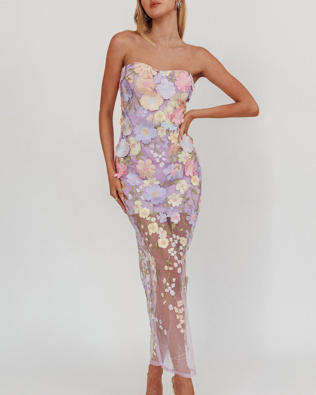 Lilac Embellished Mesh Maxi Dress