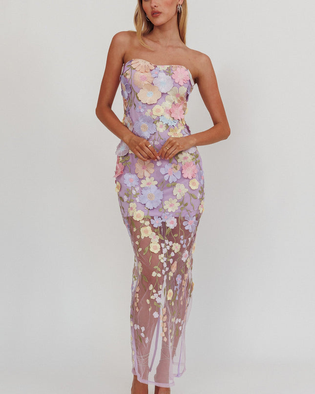 Lilac Embellished Mesh Maxi Dress