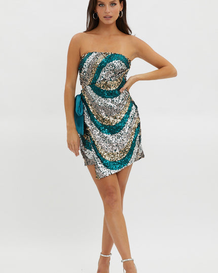 Green You Waist Tie Mini Dress Sequin