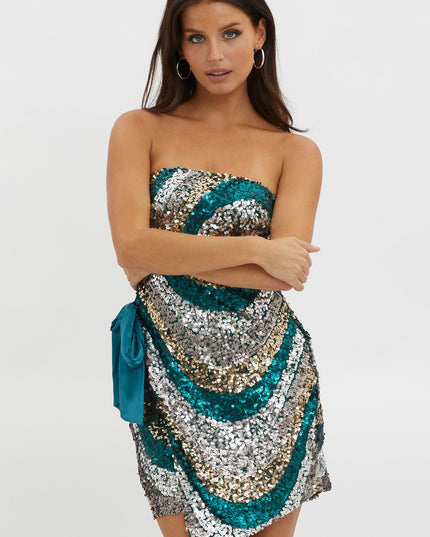 Green You Waist Tie Mini Dress Sequin