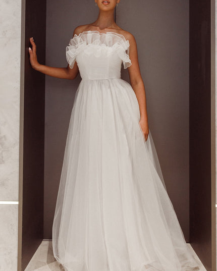 White Organza Frill Maxi Wedding Dress