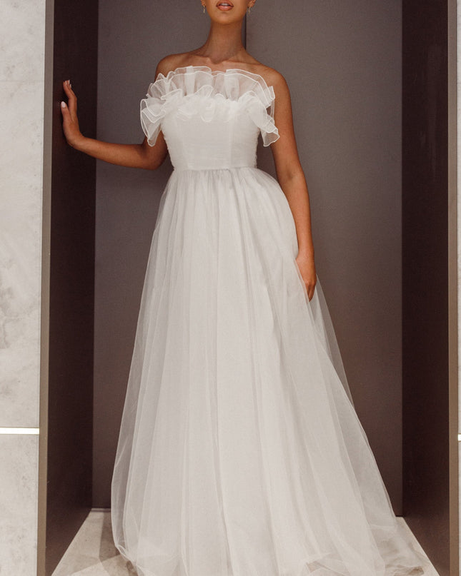 White Organza Frill Maxi Wedding Dress