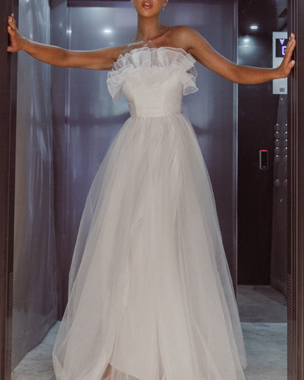 White Organza Frill Maxi Wedding Dress