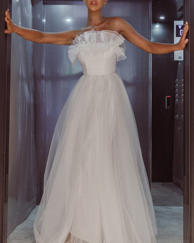White Organza Frill Maxi Wedding Dress
