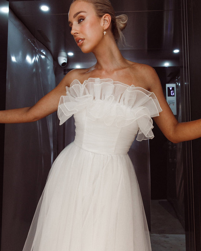 White Organza Frill Maxi Wedding Dress