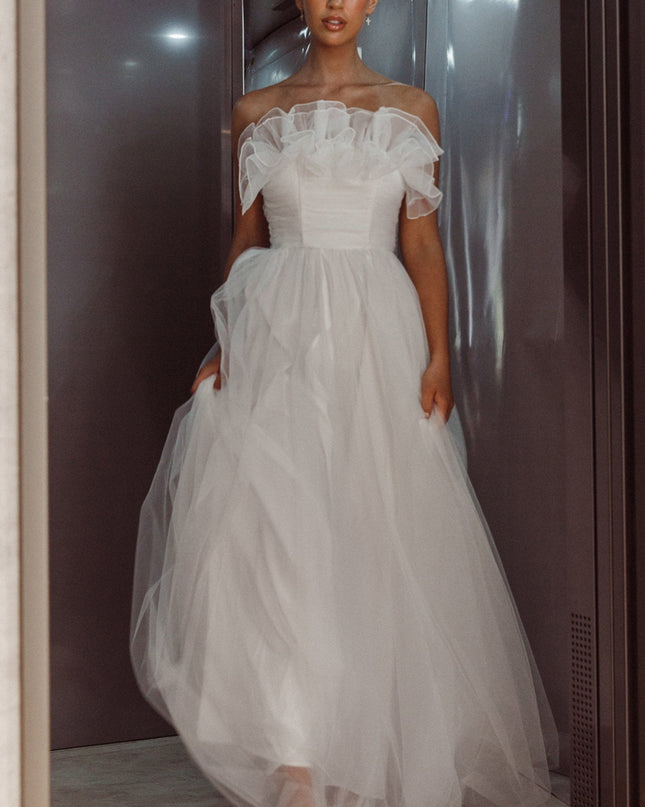 White Organza Frill Maxi Wedding Dress