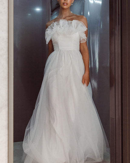 White Organza Frill Maxi Wedding Dress