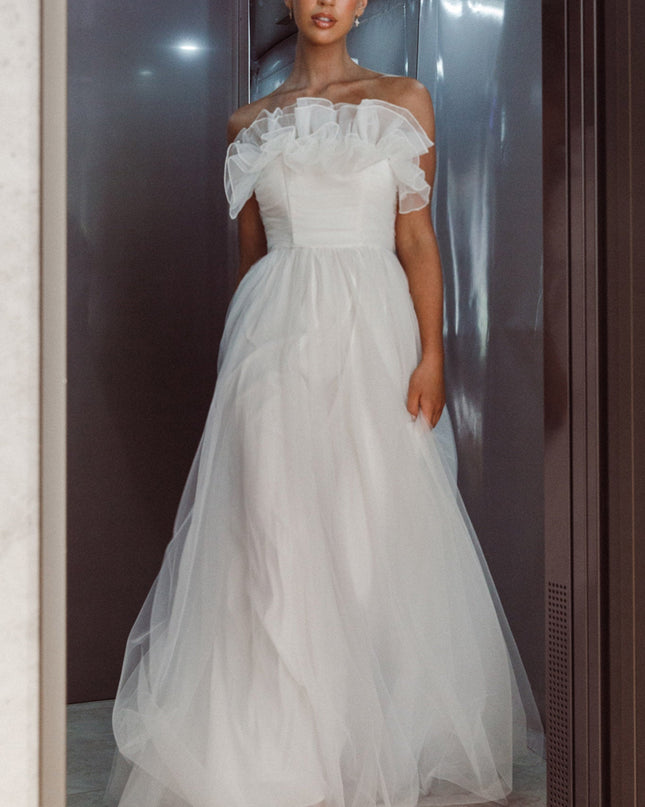White Organza Frill Maxi Wedding Dress
