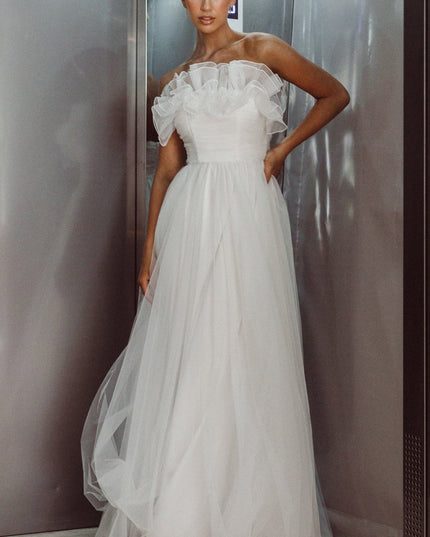 White Organza Frill Maxi Wedding Dress