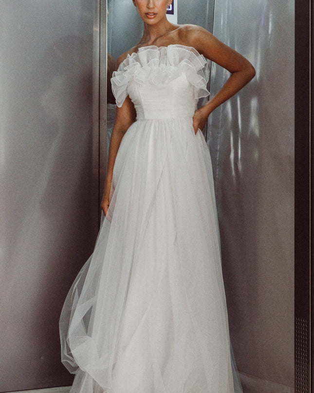 White Organza Frill Maxi Wedding Dress