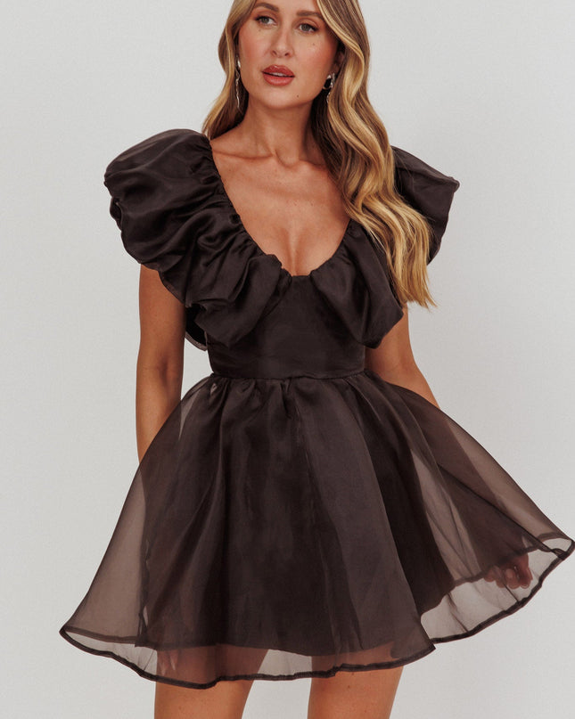 Black Ruffle Neckline Mini Dress