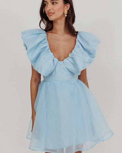 Blue Ruffle Neckline Mini Dress