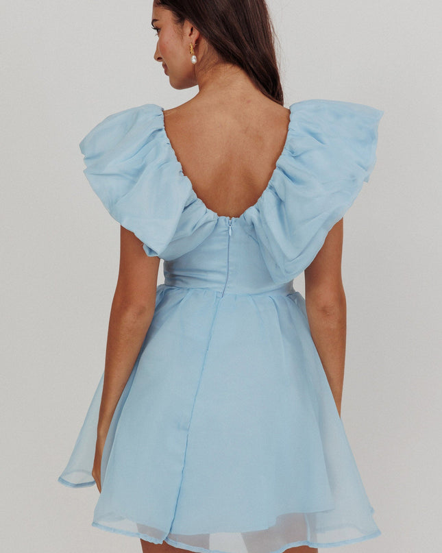 Blue Ruffle Neckline Mini Dress