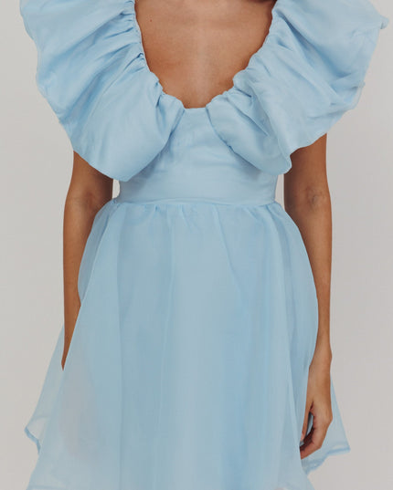 Blue Ruffle Neckline Mini Dress