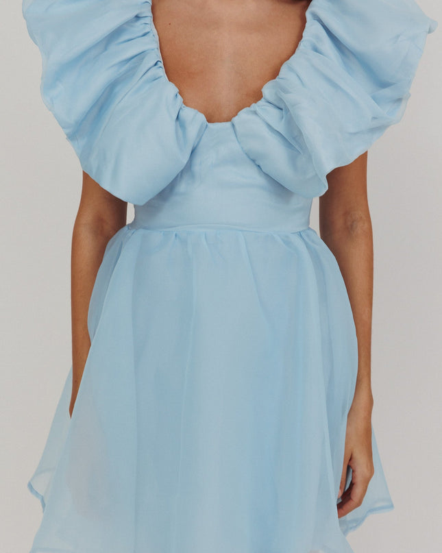 Blue Ruffle Neckline Mini Dress