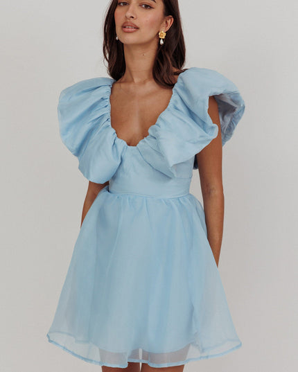Blue Ruffle Neckline Mini Dress