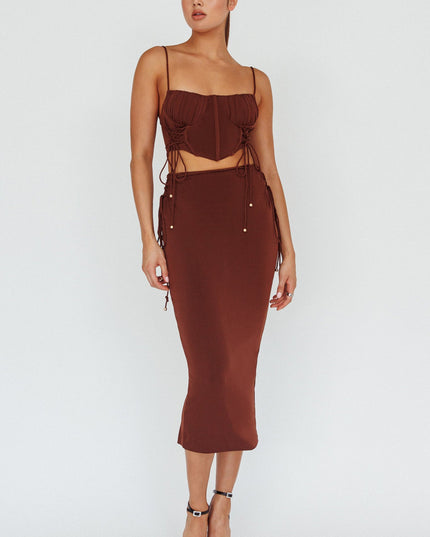 Chocolate Lace Up Midi Skirt
