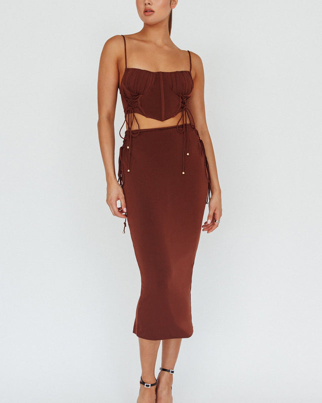 Chocolate Lace Up Midi Skirt