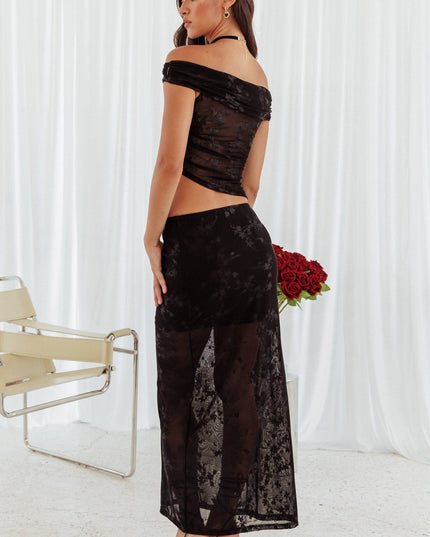 Black Floral Mesh Maxi Skirt