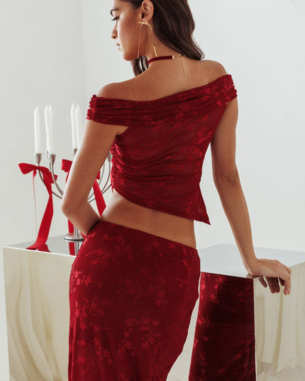 Burgundy Off-Shoulder Mesh Top