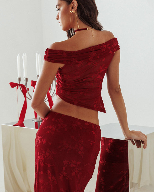 Burgundy Off-Shoulder Mesh Top