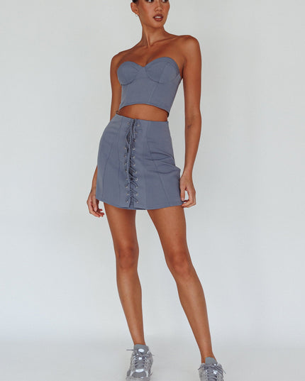 Grey Lace-Up Skirt Suit