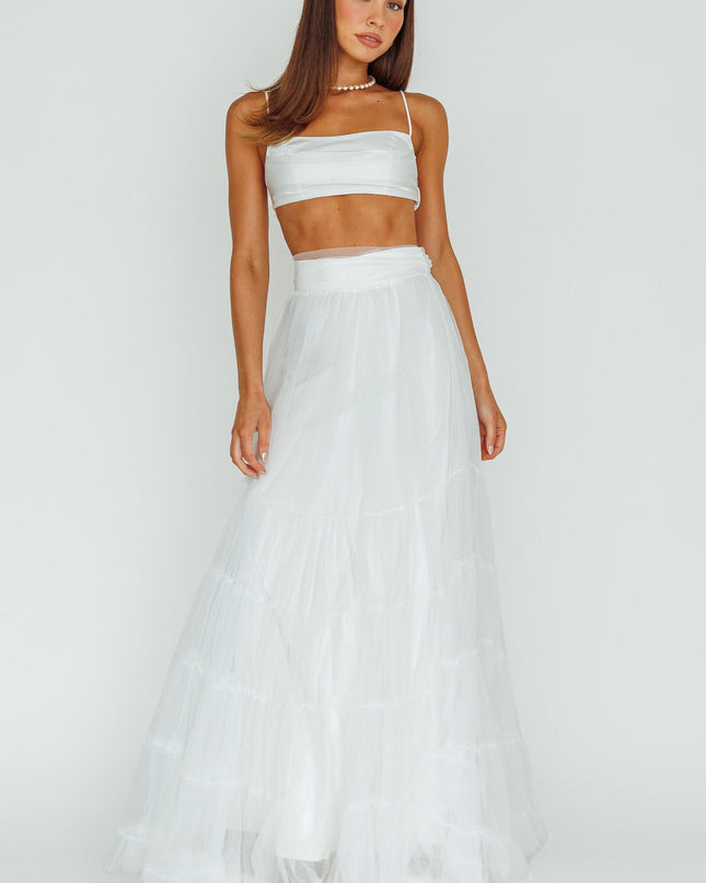 White Mesh Overlay Maxi Skirt