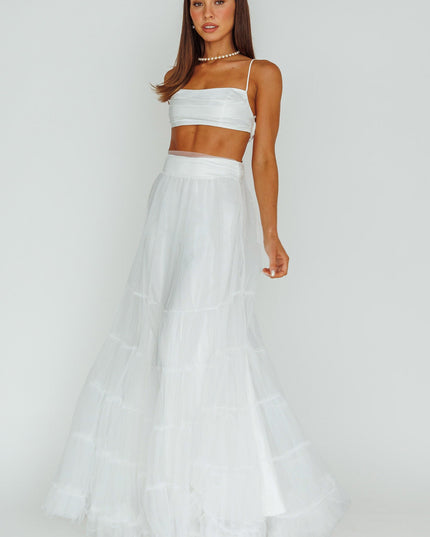 White Mesh Overlay Maxi Skirt