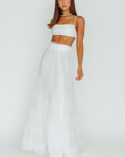 White Mesh Overlay Maxi Skirt