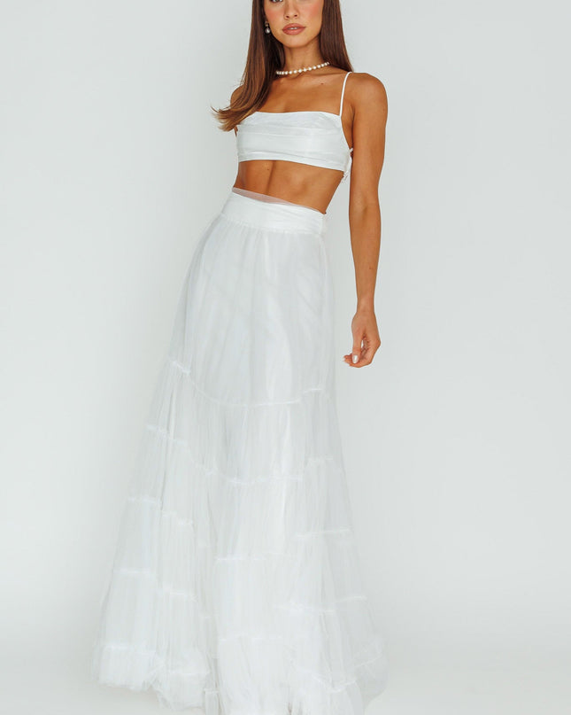 White Mesh Overlay Maxi Skirt