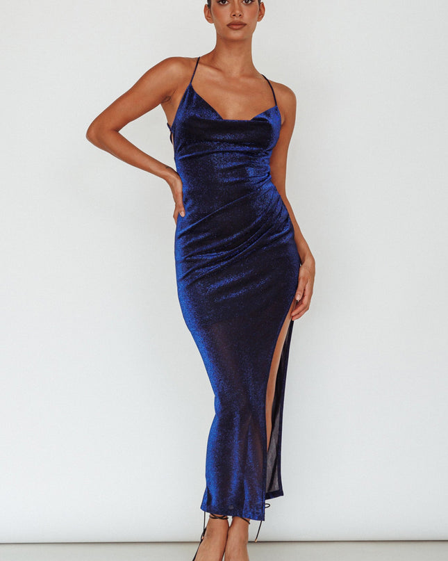 Blue Side Split Strappy Back Midi Dress
