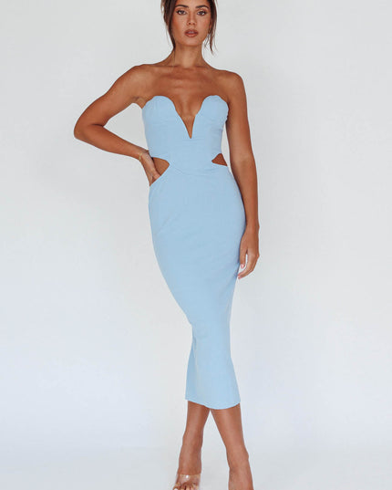 Blue Lace-up Back Midi Dress