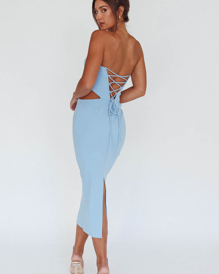 Blue Lace-up Back Midi Dress