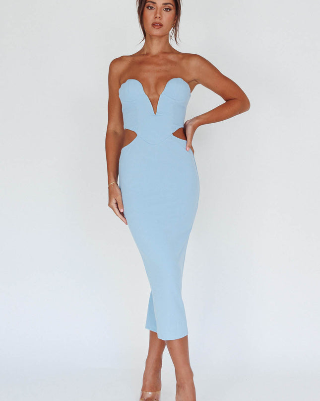 Blue Lace-up Back Midi Dress