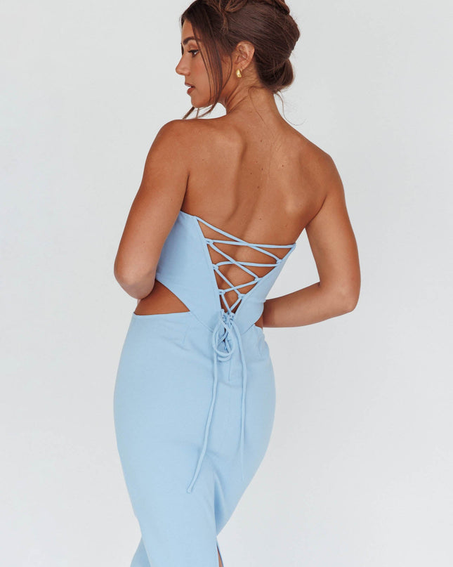 Blue Lace-up Back Midi Dress