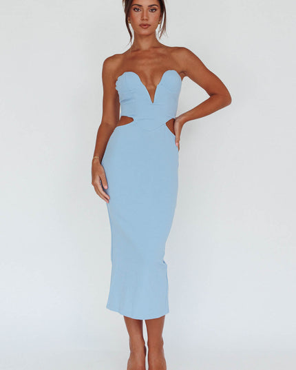 Blue Lace-up Back Midi Dress
