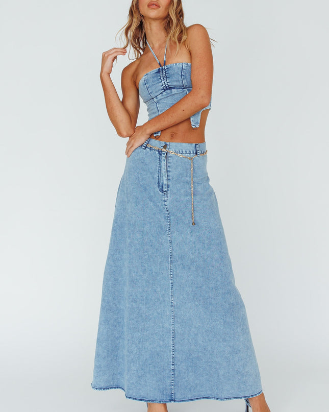 Denim Blue Halterneck Crop Top