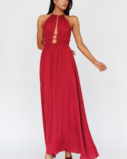 Wine Open Back Halterneck Maxi Dress