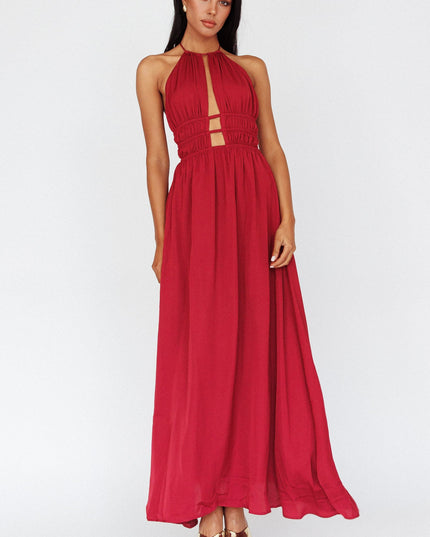 Wine Open Back Halterneck Maxi Dress