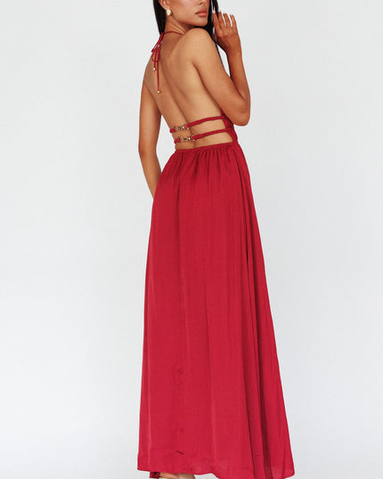 Wine Open Back Halterneck Maxi Dress